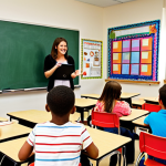 **Interactive Classroom Scene:** A vibrant, modern classroom filled with students actively participating in a "Think-Pair-Share" activity. Some students are animatedly discussing ideas with their partners, while the teacher facilitates the discussion with a warm, encouraging smile. The classroom is equipped with interactive whiteboards and colorful learning materials, creating a lively and engaging atmosphere.