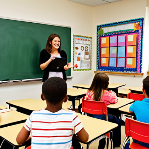 Home 6 **Interactive Classroom Scene:** A vibrant, modern classroom filled with students actively participating in a "Think-Pair-Share" activity. Some students are animatedly discussing ideas with their partners, while the teacher facilitates the discussion with a warm, encouraging smile. The classroom is equipped with interactive whiteboards and colorful learning materials, creating a lively and engaging atmosphere.